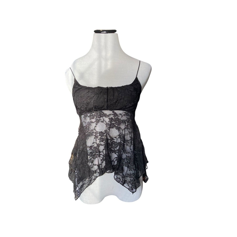 Y2K Sheer Lace Babydoll Cami Size S Black‎ Fairy Grunge Whimsygoth Asymmetric